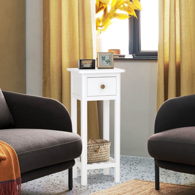 Valkoinen monikäyttöinen lisäpöytä laatikolla ja hyllyllä