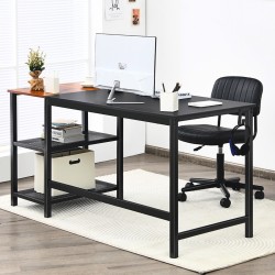 Monipuolinen musta työpöytä säädettävillä jaloilla ja hyllyillä