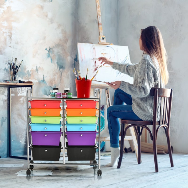 Monivärinen rullakko 12 laatikolla ja jarruilla