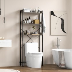 Kolmitasoinen harmaa wc-hyllykkö säädettävillä jaloilla ja koukuilla