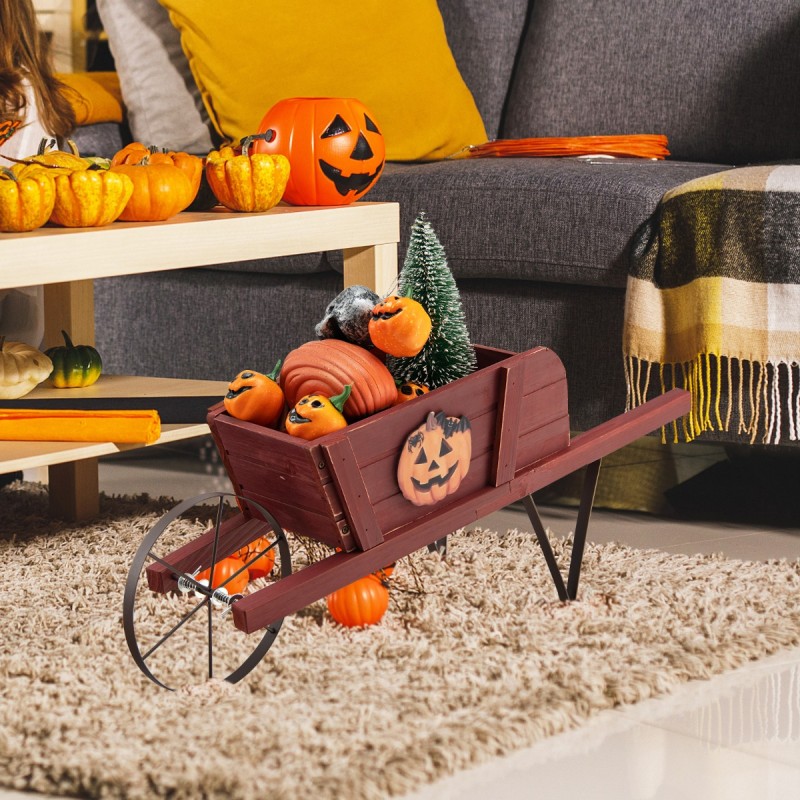 Punainen puinen istutuskärry magneettikoristeilla ja metallirungolla