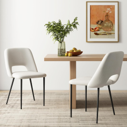 Kaksi beigeä ruokapöydän tuolia samettityynyllä ja metallirungolla