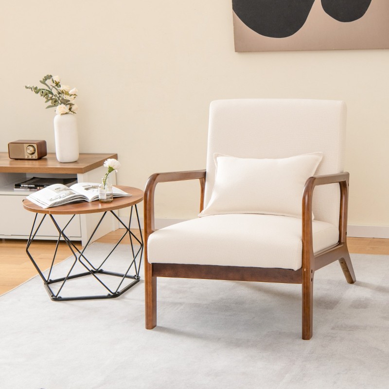 Moderni beige olohuoneen nojatuoli kumipuusta käsinojilla Moderni beige olohuoneen nojatuoli kumipuusta käsinojilla