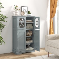 Harmaa kylpyhuonekaappi lasiovilla ja säädettävillä hyllyillä