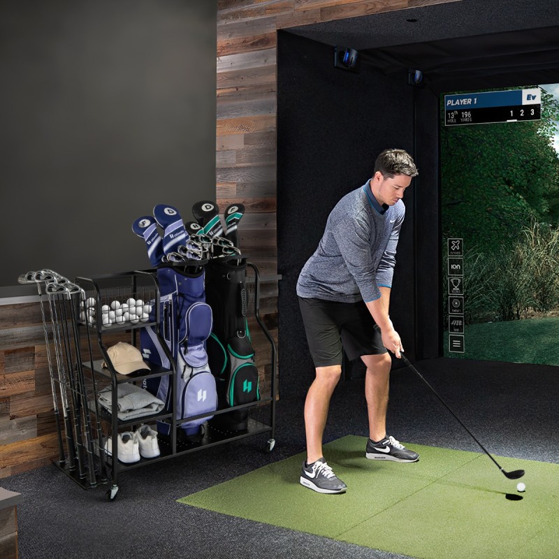 Monikäyttöinen musta golfjärjestelijä pyörillä ja koukuilla