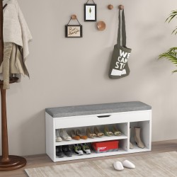 Harmaa monikäyttöinen kenkäpenkki säilytystilalla ja istuinpehmusteella