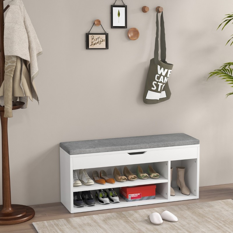 Harmaa monikäyttöinen kenkäpenkki säilytystilalla ja istuinpehmusteella