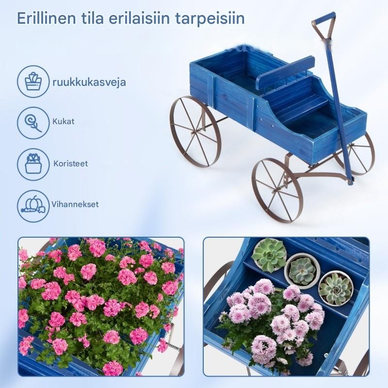 Sininen puinen kukkavaunu pyörillä ulkokäyttöön