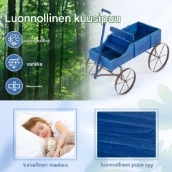 Sininen puinen kukkavaunu pyörillä ulkokäyttöön