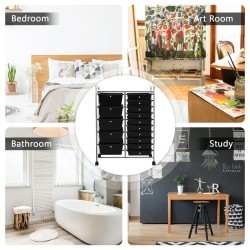 Monikäyttöinen musta rullavaunu 15 laatikolla ja hyllyllä