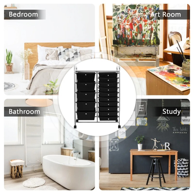 Monikäyttöinen musta rullavaunu 15 laatikolla ja hyllyllä