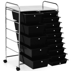 Monikäyttöinen musta rullavaunu 15 laatikolla ja hyllyllä