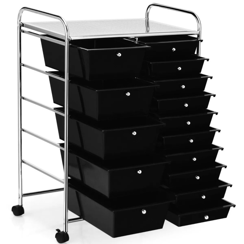 Monikäyttöinen musta rullavaunu 15 laatikolla ja hyllyllä