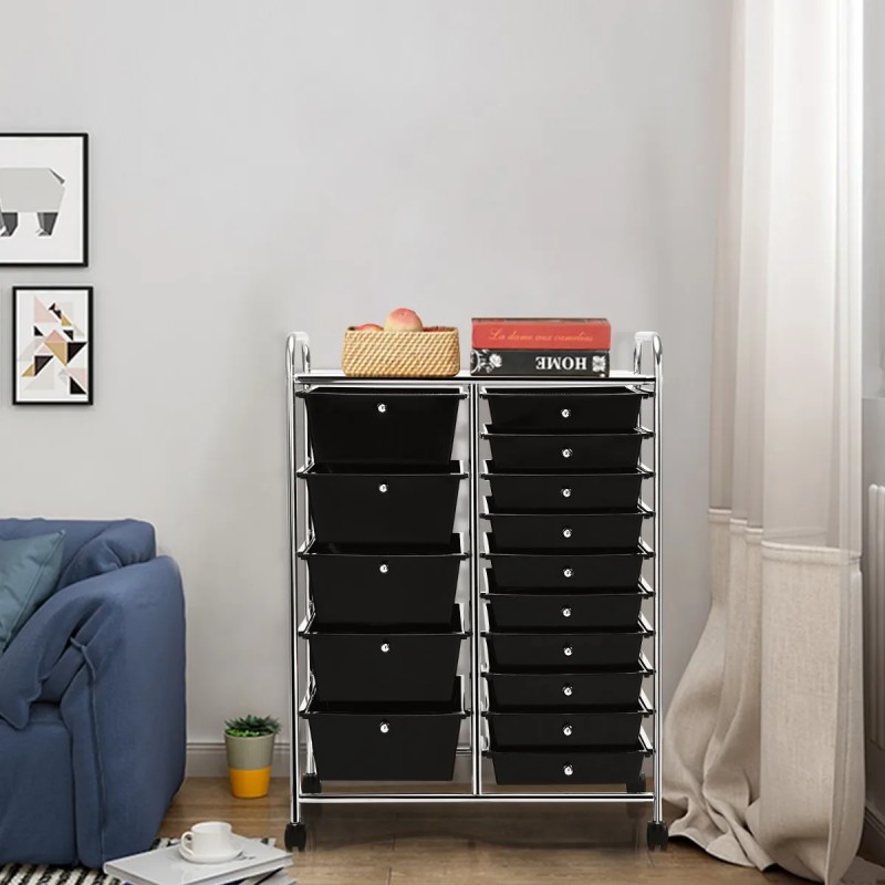 Monikäyttöinen musta rullavaunu 15 laatikolla ja hyllyllä