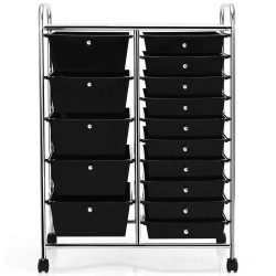 Monikäyttöinen musta rullavaunu 15 laatikolla ja hyllyllä