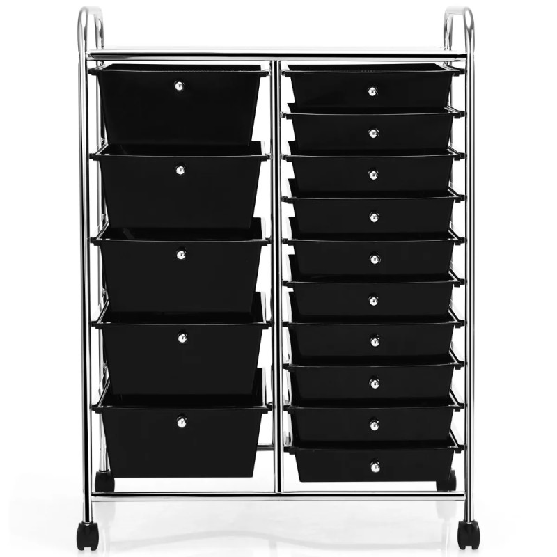 Monikäyttöinen musta rullavaunu 15 laatikolla ja hyllyllä