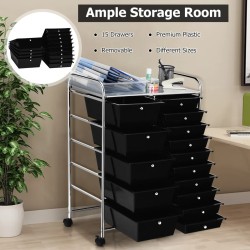 Monikäyttöinen musta rullavaunu 15 laatikolla ja hyllyllä