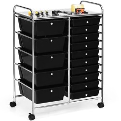 Monikäyttöinen musta rullavaunu 15 laatikolla ja hyllyllä