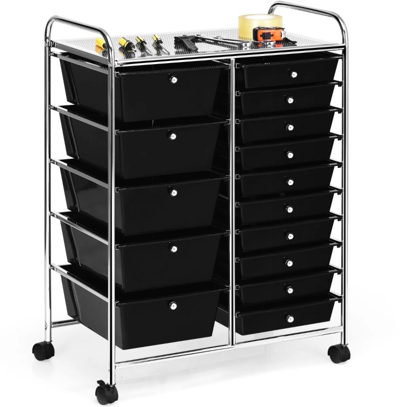 Monikäyttöinen musta rullavaunu 15 laatikolla ja hyllyllä