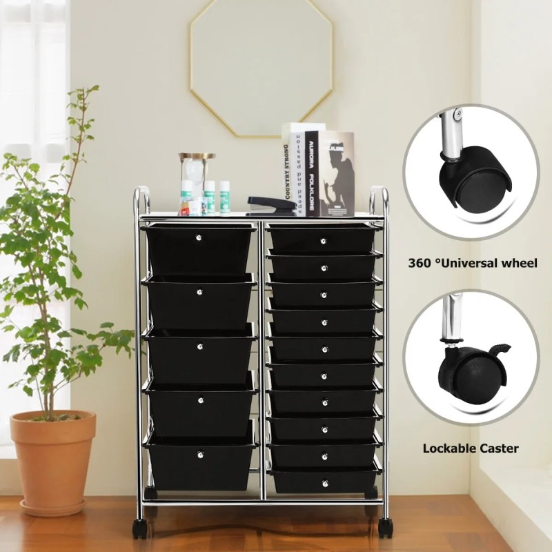 Monikäyttöinen musta rullavaunu 15 laatikolla ja hyllyllä