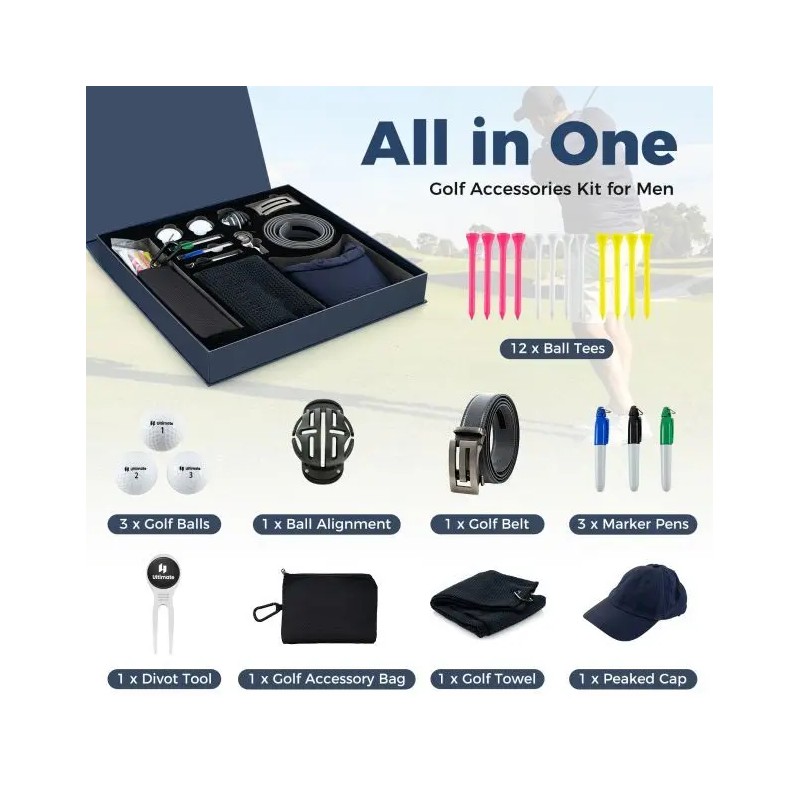 Täydellinen miesten golf-lahjasetti sininen lahjapakkaus