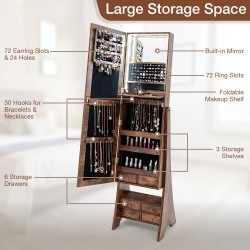 Lattialla seisova ruskea korukaappi täysikokoisella peilillä