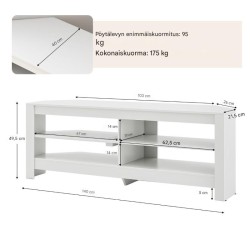 Valkoinen kulma-tv-taso latausasemalla ja 4 hyllyllä