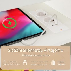 Valkoinen kulma-tv-taso latausasemalla ja 4 hyllyllä