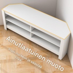 Valkoinen kulma-tv-taso latausasemalla ja 4 hyllyllä