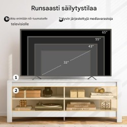Valkoinen kulma-tv-taso latausasemalla ja 4 hyllyllä