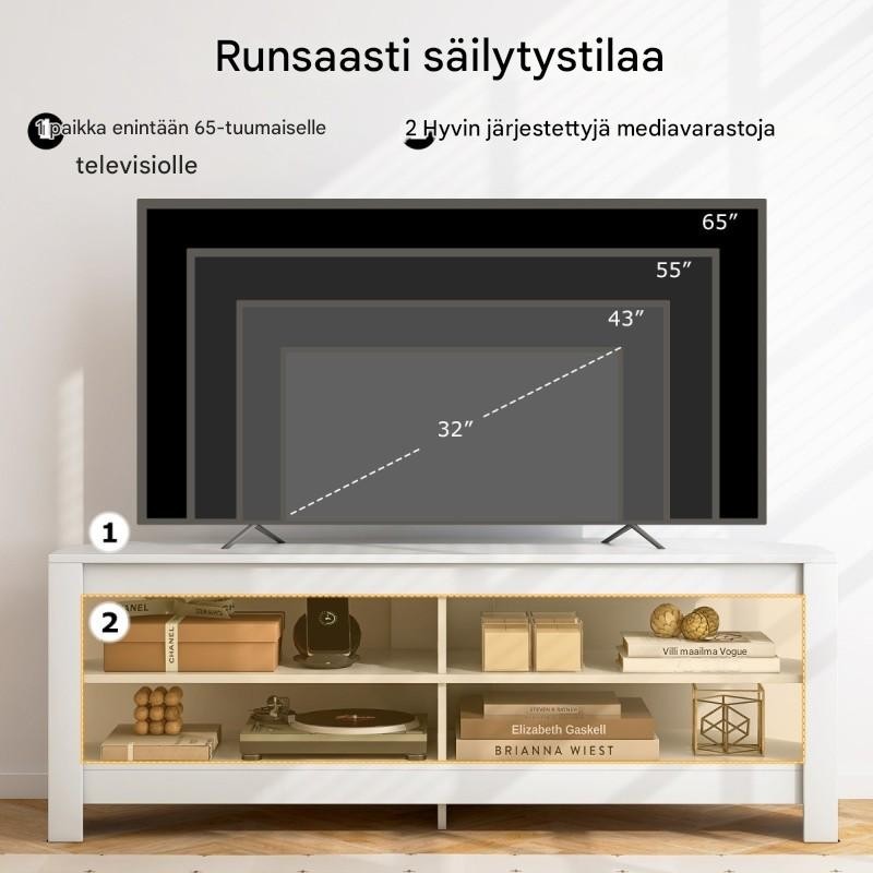 Valkoinen kulma-tv-taso latausasemalla ja 4 hyllyllä