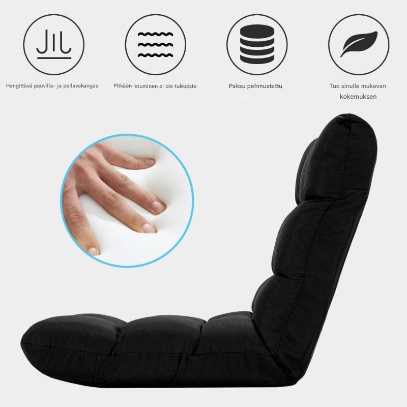 Säädettävä musta lattiatuoli selkänojalla ja pehmusteella Säädettävä musta lattiatuoli selkänojalla ja pehmusteella