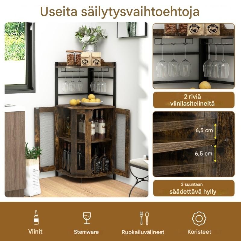 Kulmaviinikaappi lasipidikkeillä ja metalliverkko-ovilla, punaruskea