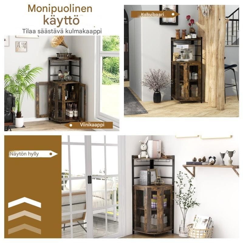 Kulmaviinikaappi lasipidikkeillä ja metalliverkko-ovilla, punaruskea