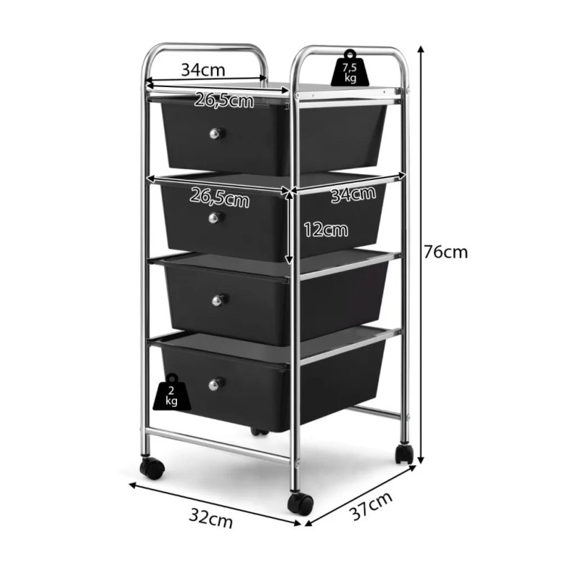 Musta nelitasoinen rullakko irrotettavilla laatikoilla ja metallirungolla