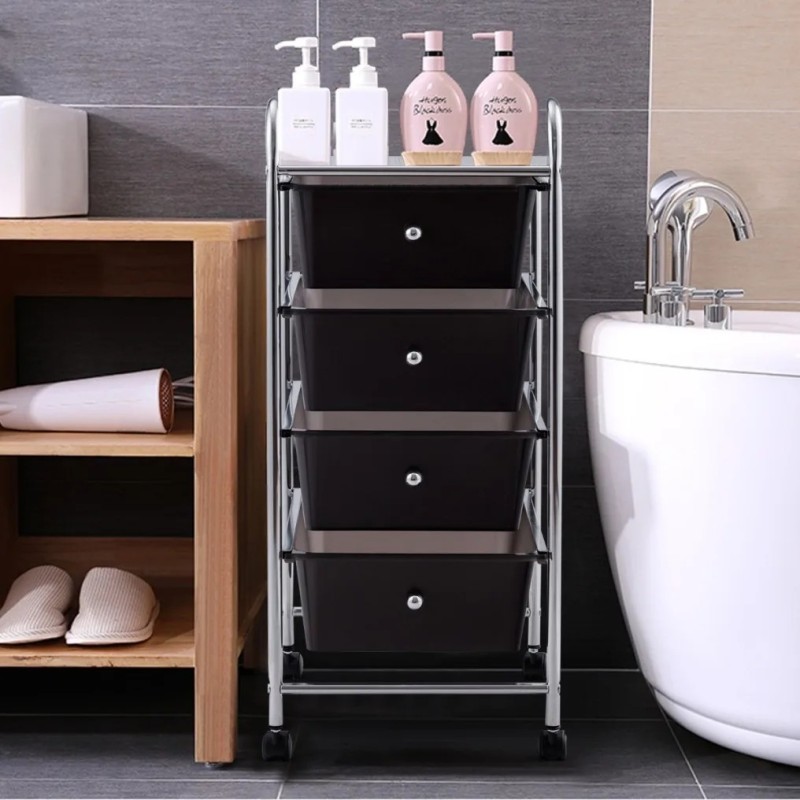 Musta nelitasoinen rullakko irrotettavilla laatikoilla ja metallirungolla