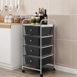 Musta nelitasoinen rullakko irrotettavilla laatikoilla ja metallirungolla