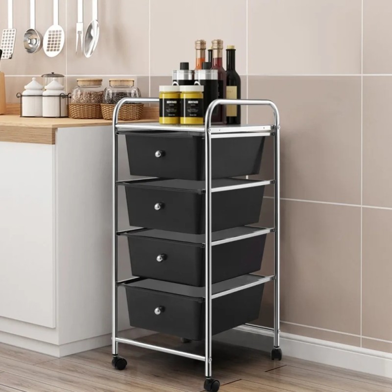 Musta nelitasoinen rullakko irrotettavilla laatikoilla ja metallirungolla