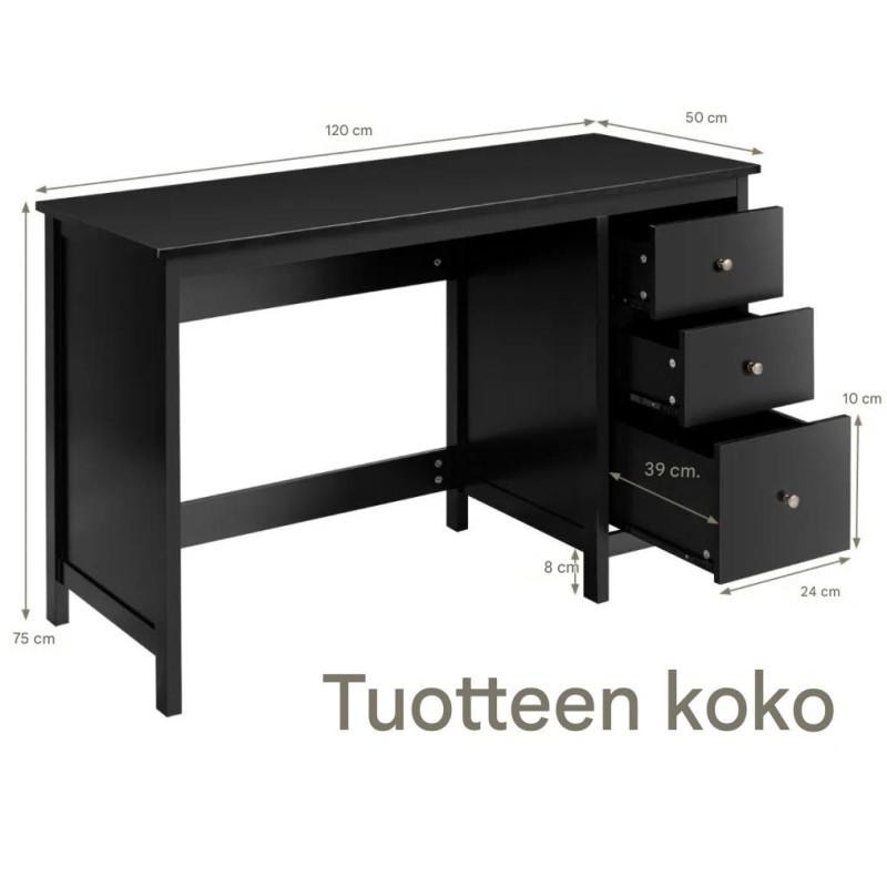 Työpöytä musta 3 laatikkoa kaatumisenesto 120x50x75 cm