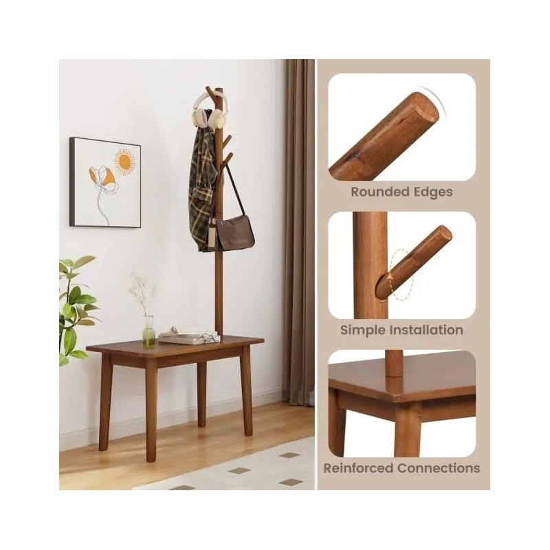 Massiivipuinen naulakko sivupöydällä ja koukuilla, ruskea