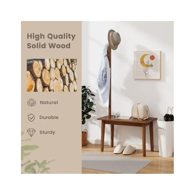 Massiivipuinen naulakko sivupöydällä ja koukuilla, ruskea