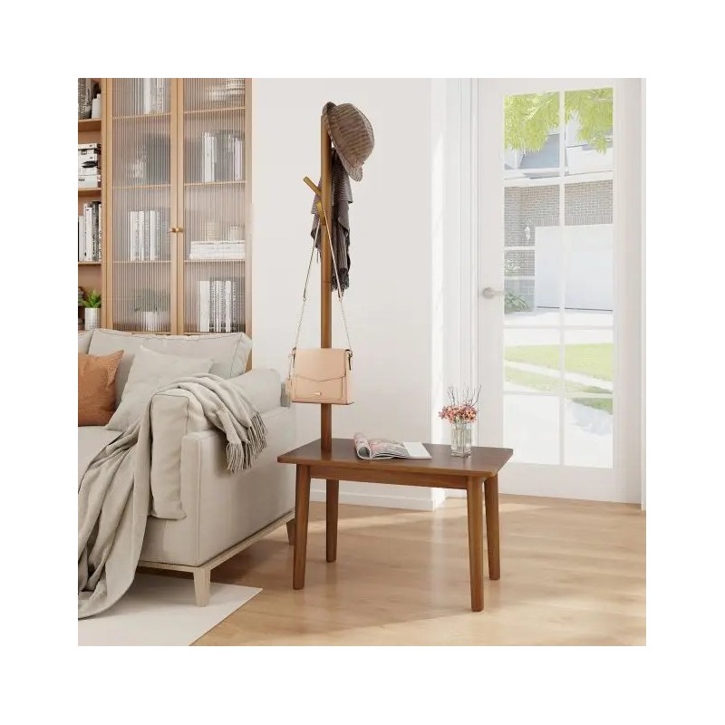 Massiivipuinen naulakko sivupöydällä ja koukuilla, ruskea