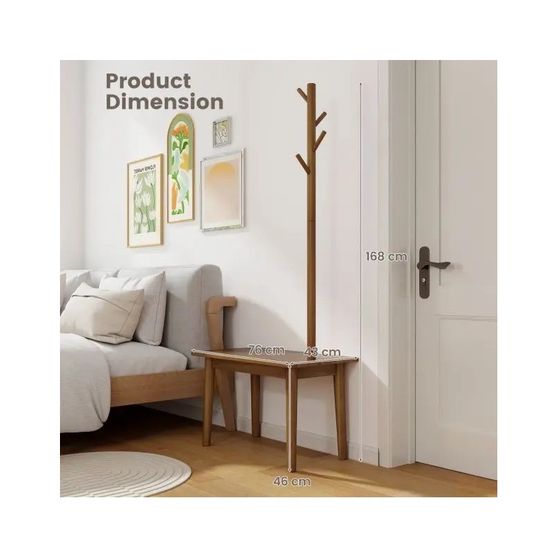 Massiivipuinen naulakko sivupöydällä ja koukuilla, ruskea