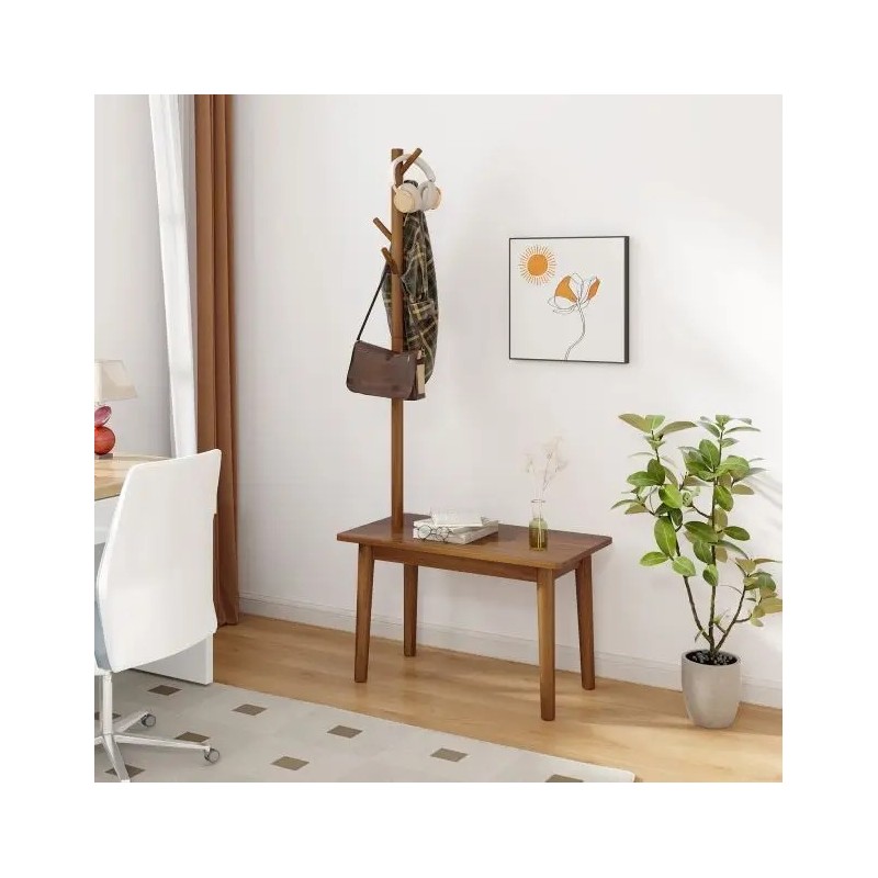 Massiivipuinen naulakko sivupöydällä ja koukuilla, ruskea