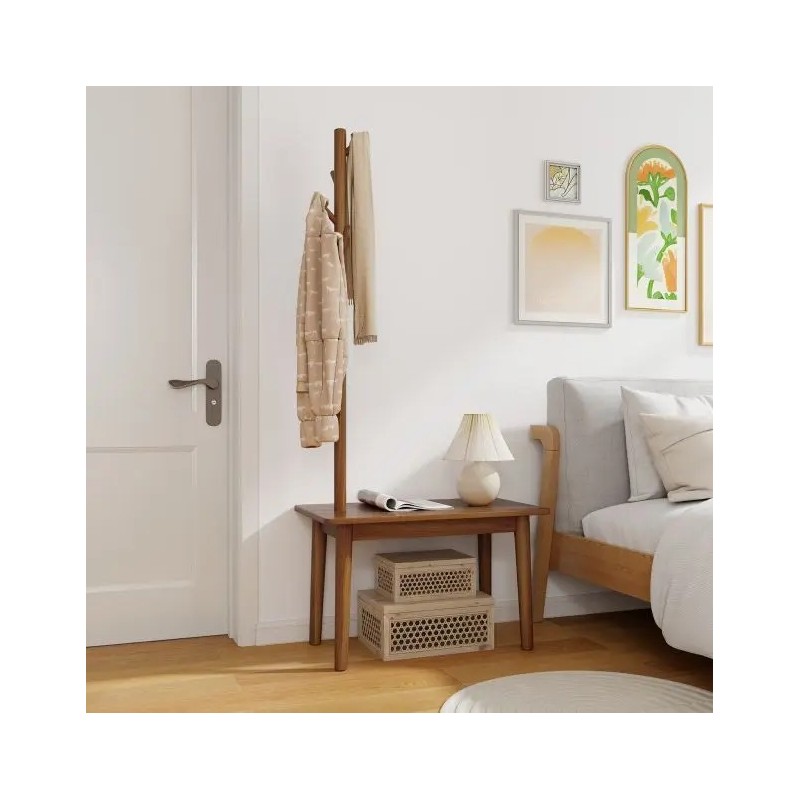 Massiivipuinen naulakko sivupöydällä ja koukuilla, ruskea