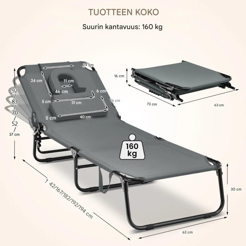 Taitettava harmaa aurinkotuoli kasvotilalla ja säädettävällä selkänojalla