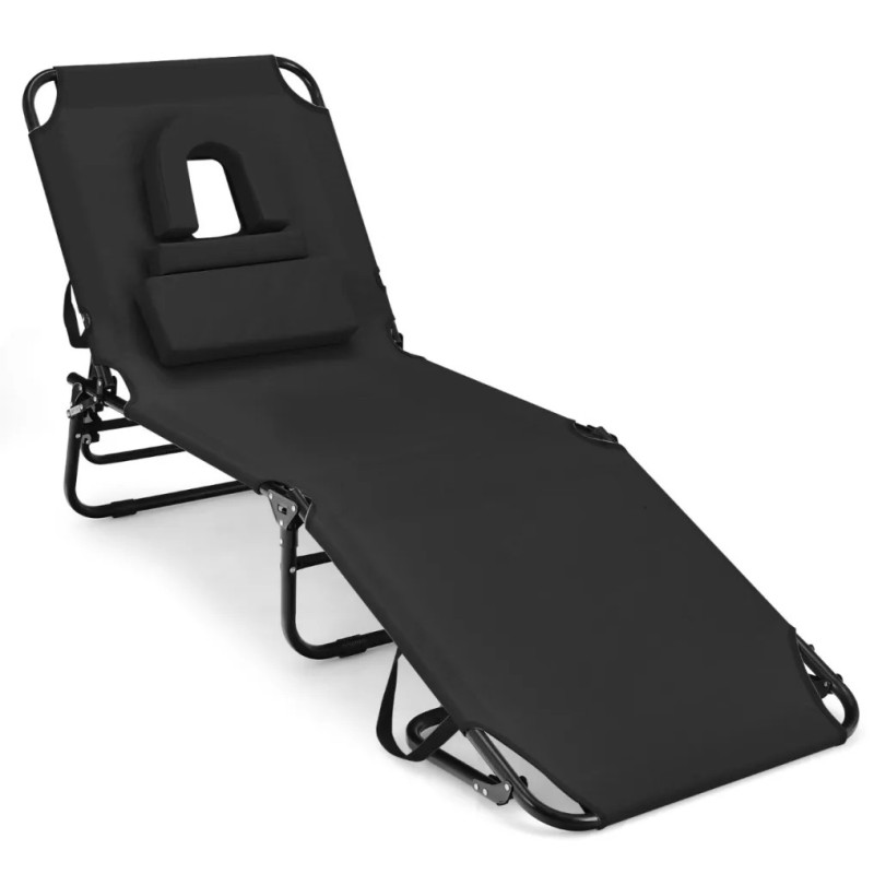 Musta taitettava aurinkotuoli kasvoaukolla ja säädettävällä selkänojalla