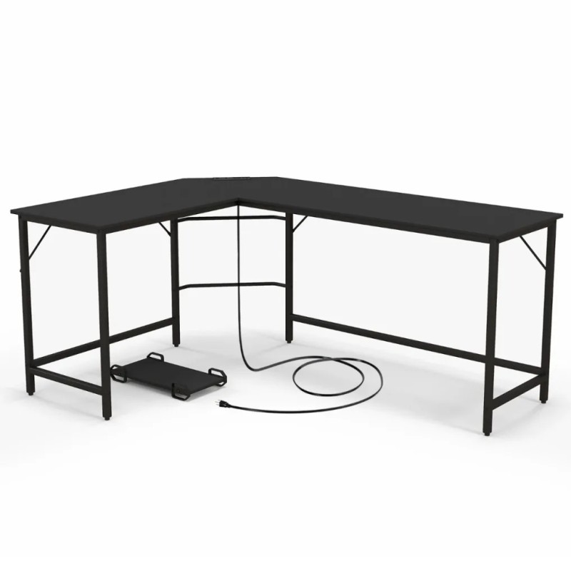 L-muotoinen musta tietokonepöytä pistorasialla ja PC-telineellä