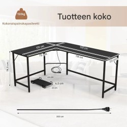 L-muotoinen musta tietokonepöytä pistorasialla ja PC-telineellä