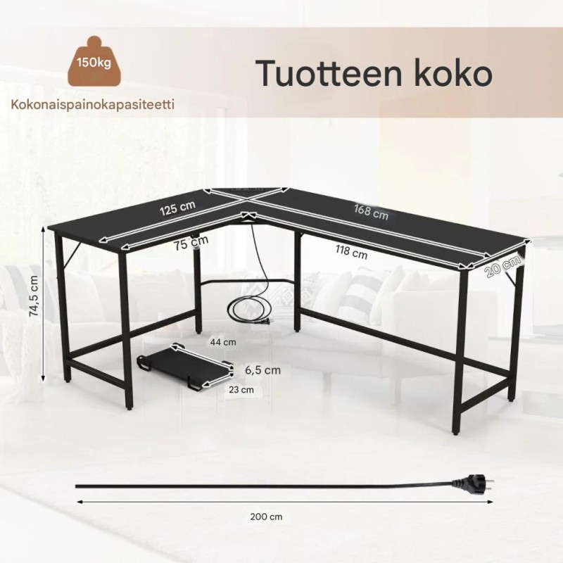 L-muotoinen musta tietokonepöytä pistorasialla ja PC-telineellä